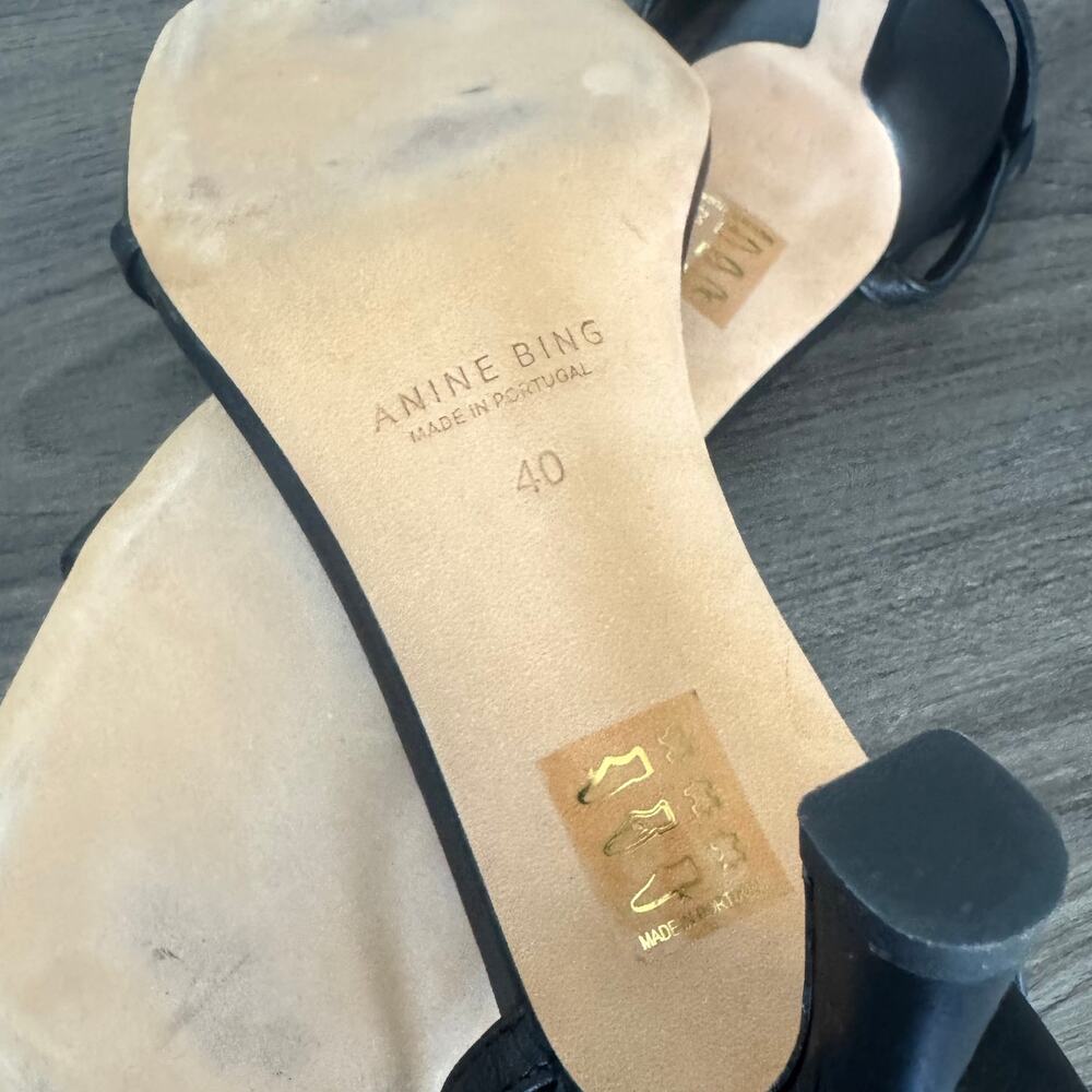 Anine Bing Black Leather Invisible Kitten Heel Sandals 40 NEW Gold Logo Shoe - Picture 6 of 7